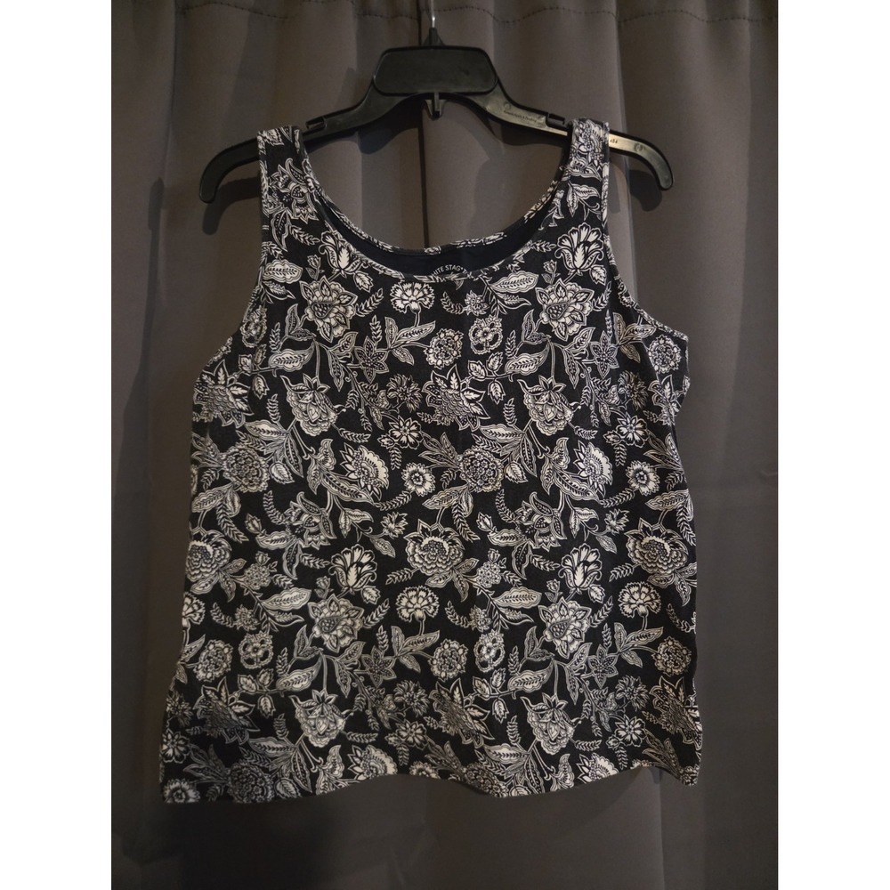 White Stag Tee Women's Tank Top Large 12/14 Black White Floral Stretch